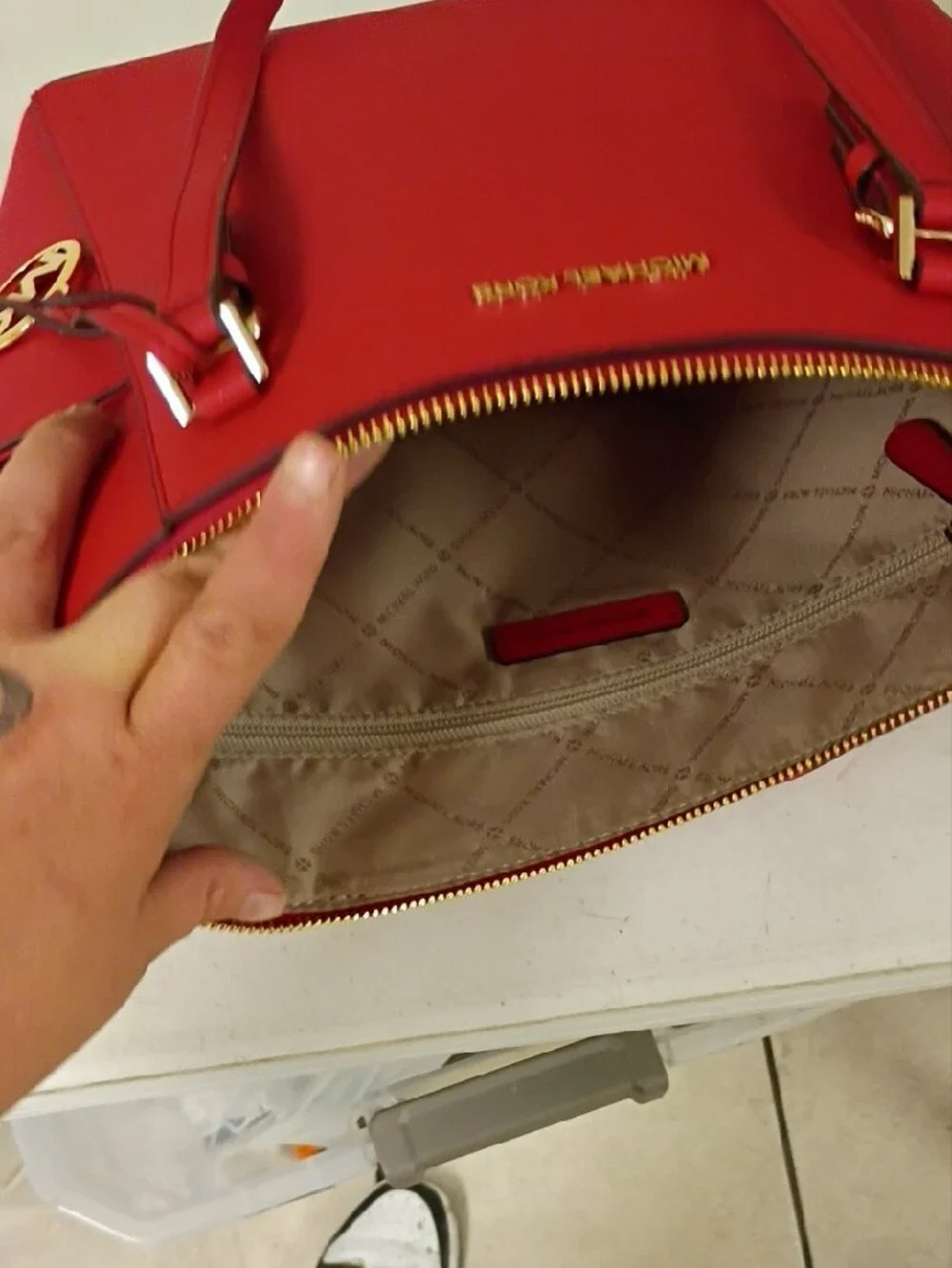 Michael Kors Bright Red Saffiano Tote with Gold Hardware